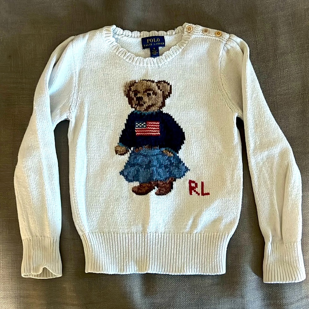 Girls Polo Sweater w/Teddy Bear wearing Skirt & Flag Sweater